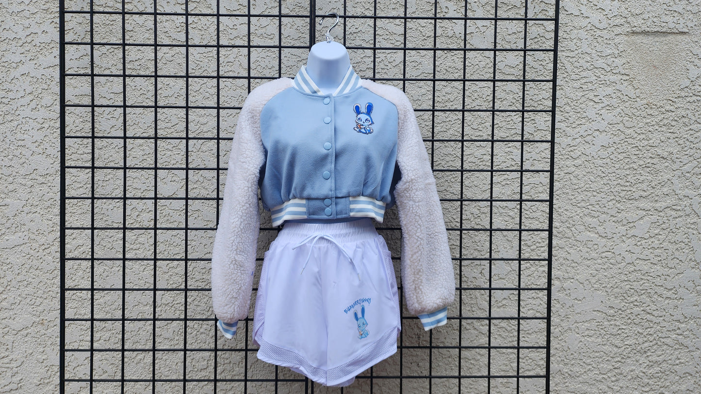 Baby Blue blueberrybunny  Crop Varsity Jacket Small  + Tennis Shorts Small Combo